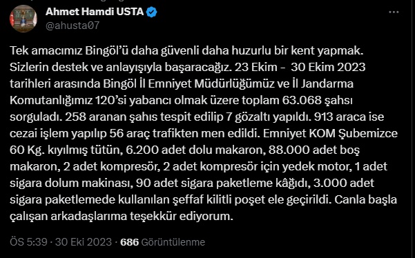 BİNGÖL VALİSİ USTA, SON BİR HAFTADA 258 ARANAN ŞAHIS YAKALANDI